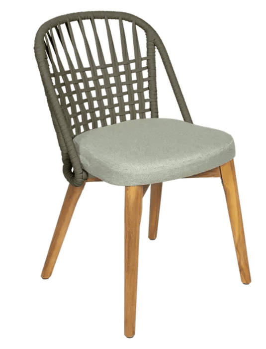 Fermob GORDES luxury teak outdoor chair with khaki rope backrest, stylish design ideal for patio or restaurant seating.