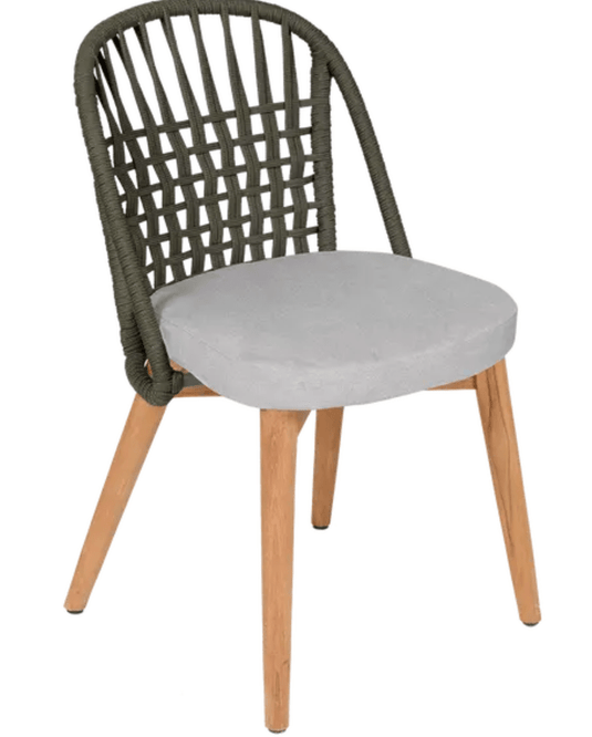 Steel grey Fermob GORDES luxury teak outdoor chair with rope backrest, ideal for stylish restaurant or patio seating.