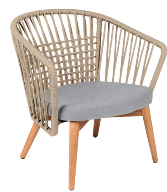 Fermob GORDES outdoor teak armchair with low profile and rope details, ideal for relaxing outdoor lounge settings.