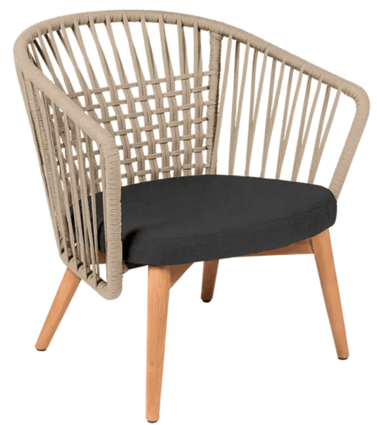 Fermob GORDES low teak outdoor armchair with night grey rope design, ideal for comfortable outdoor lounging.