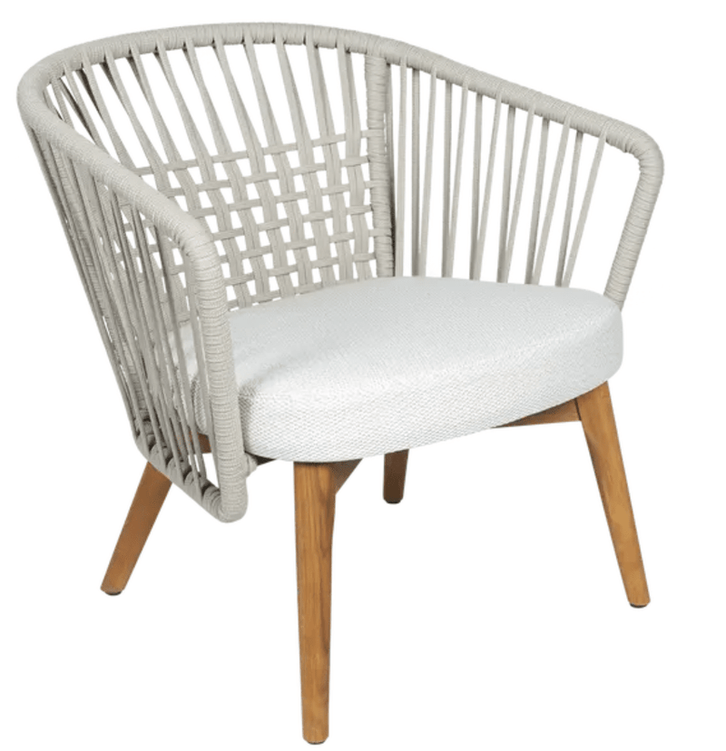 Load image into Gallery viewer, Fermob GORDES outdoor teak armchair with low armrest and woven rope design, ideal for patio or garden seating.
