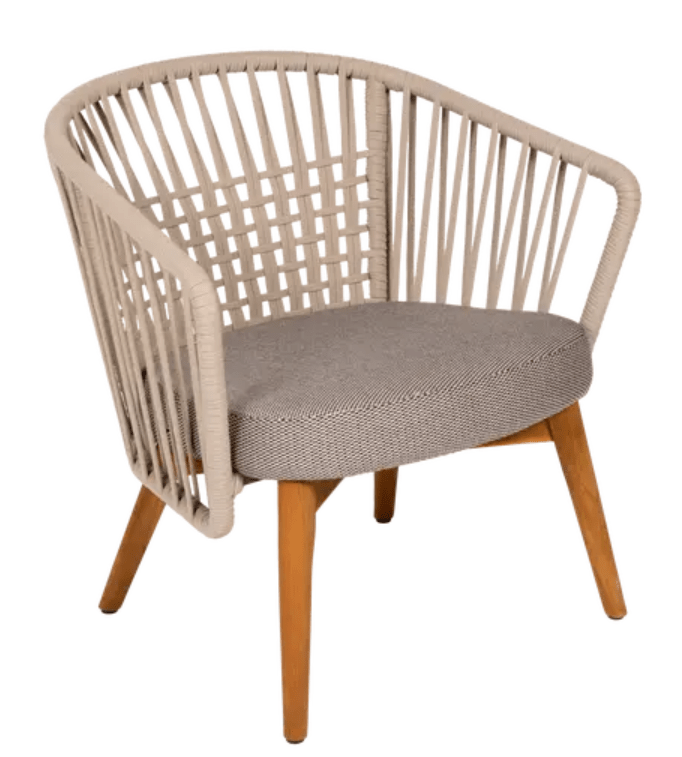Load image into Gallery viewer, Outdoor Fermob GORDES teak armchair with low armrest, featuring a teak and rope design for stylish outdoor lounging.
