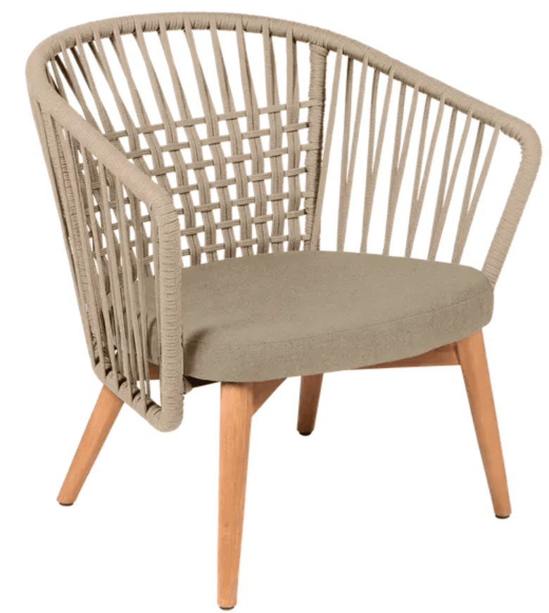 Load image into Gallery viewer, Fermob GORDES outdoor teak armchair with low armrests, featuring a woven teak rope design for outdoor lounge comfort.
