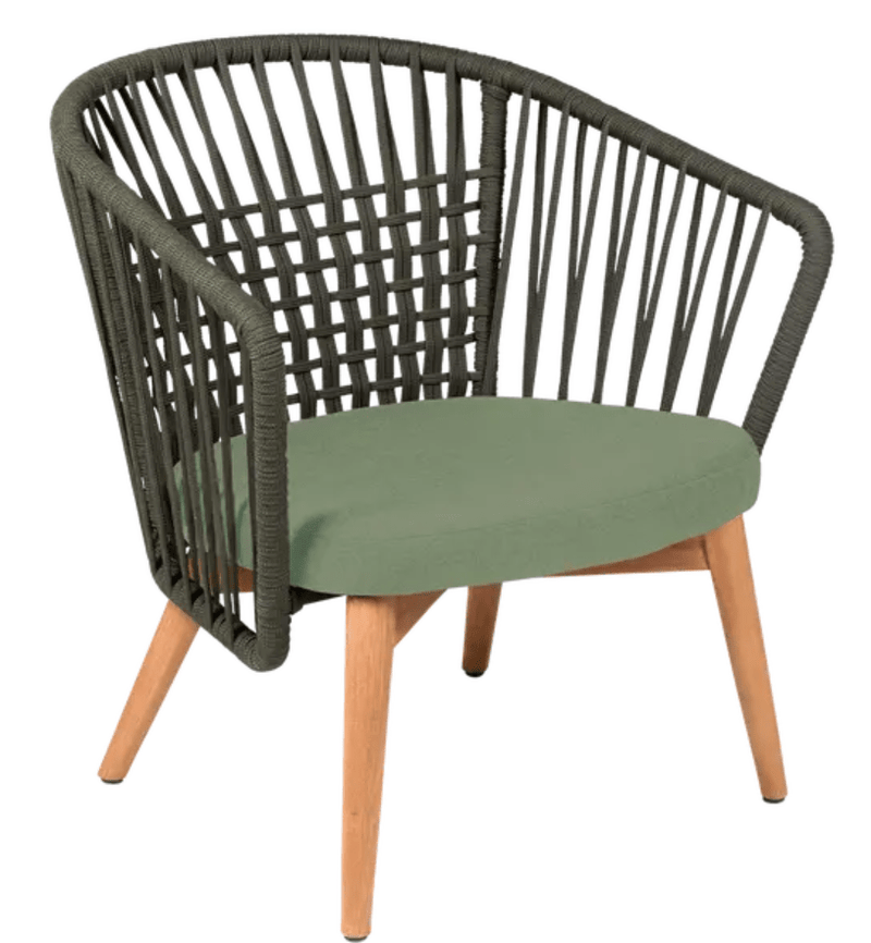 Load image into Gallery viewer, Fermob GORDES outdoor teak armchair with khaki, almond, and green cushions, featuring a teak frame and rope design for comfortable outdoor lounging
