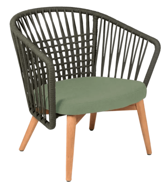 Fermob GORDES outdoor teak armchair with khaki, almond, and green cushions, featuring a teak frame and rope design for comfortable outdoor lounging