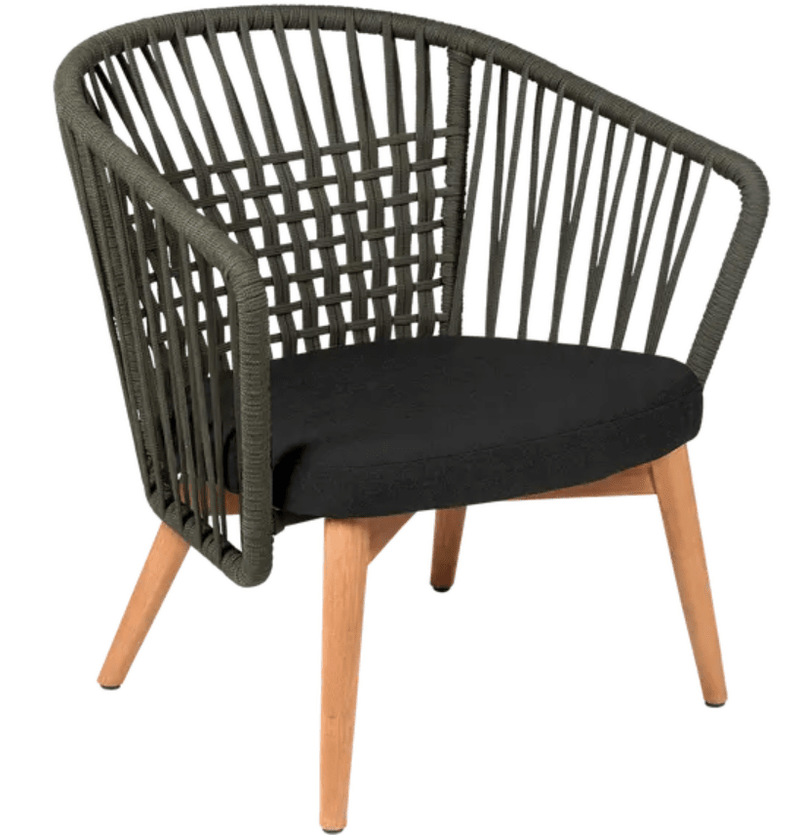 Load image into Gallery viewer, Fermob GORDES low teak armchair with khaki cushions, outdoor lounge chair featuring teak wood and rope design.
