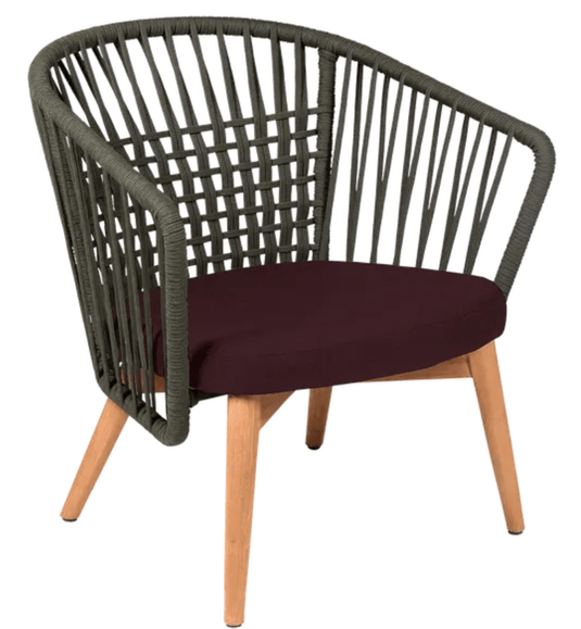Fermob Gordes low outdoor teak armchair with khaki and garnet cushions, featuring a teak frame and rope design for comfortable lounging.