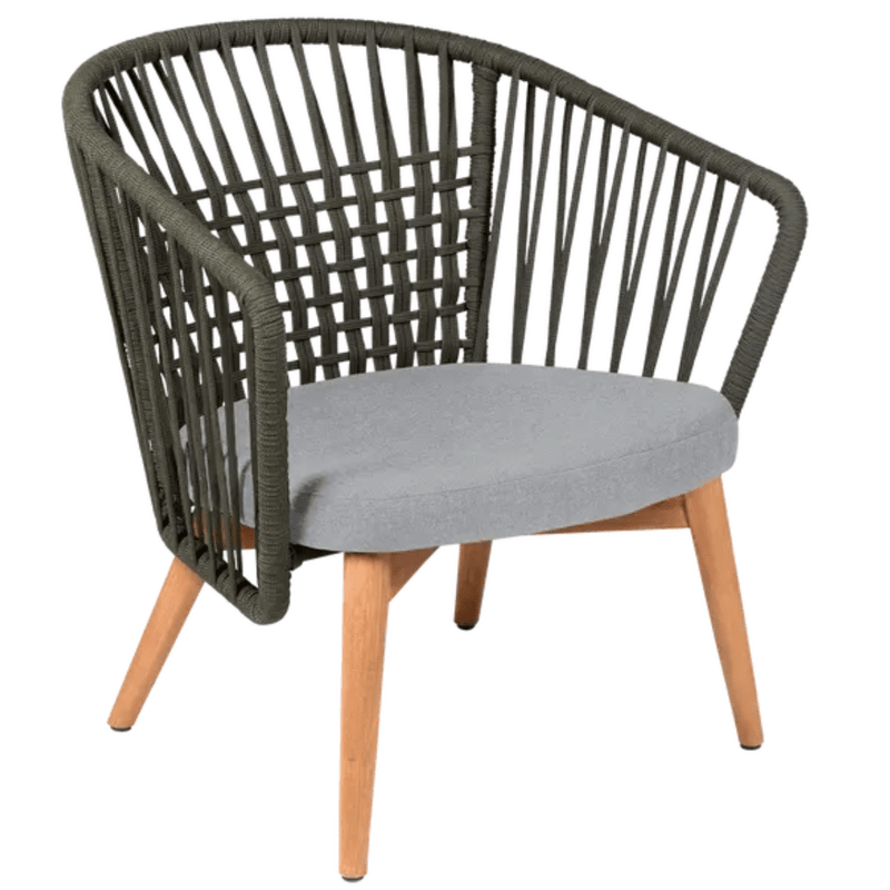 Load image into Gallery viewer, Fermob GORDES outdoor teak armchair with khaki and light grey cushions, featuring a teak frame and rope design for outdoor lounging.
