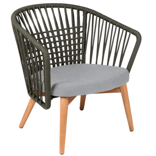 Fermob GORDES outdoor teak armchair with khaki and light grey cushions, featuring a teak frame and rope design for outdoor lounging.