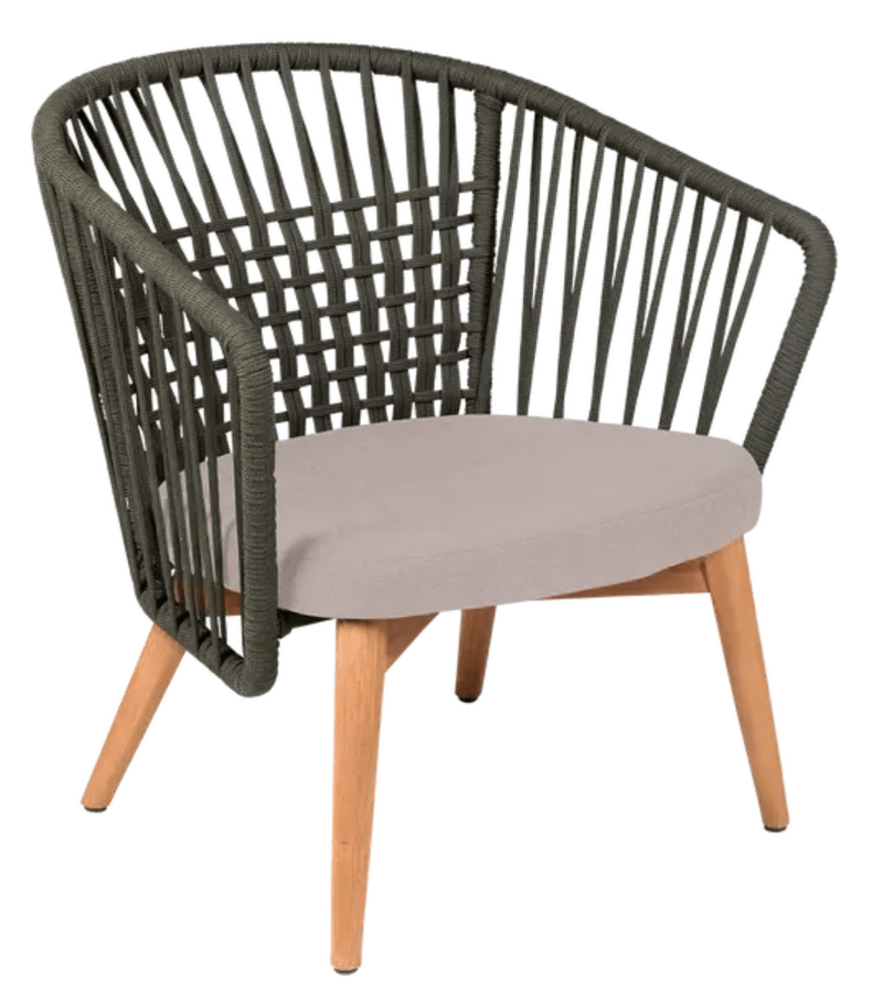 Load image into Gallery viewer, Fermob GORDES low outdoor teak armchair with khaki papyrus cushion and teak rope design, perfect for outdoor lounge seating.
