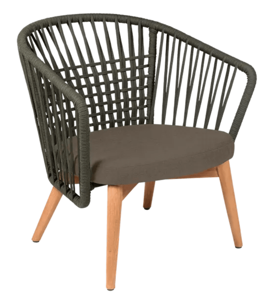 Fermob GORDES outdoor teak armchair with khaki fabric and sisal brown rope design, suitable for patio lounging.
