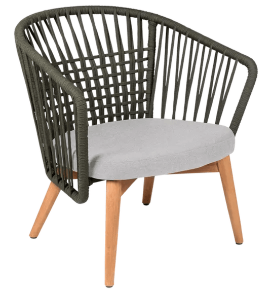 Fermob GORDES low teak outdoor armchair with khaki steel grey finish, featuring a rope design for outdoor lounging.