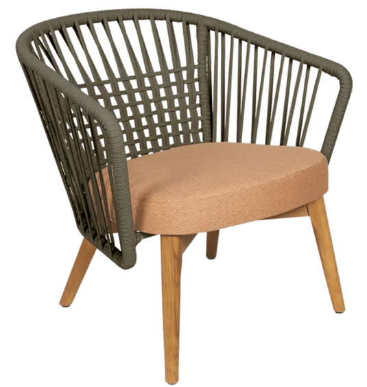 Fermob GORDES outdoor teak armchair with khaki terracotta cushion, featuring a teak frame and rope design for comfortable outdoor lounging.