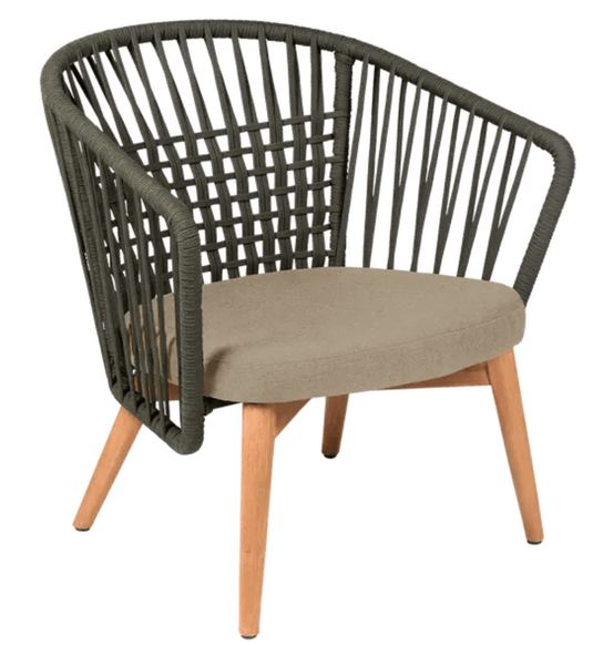 Fermob GORDES outdoor teak armchair with khaki twine rope, featuring a low, lounge-style design suitable for outdoor spaces.
