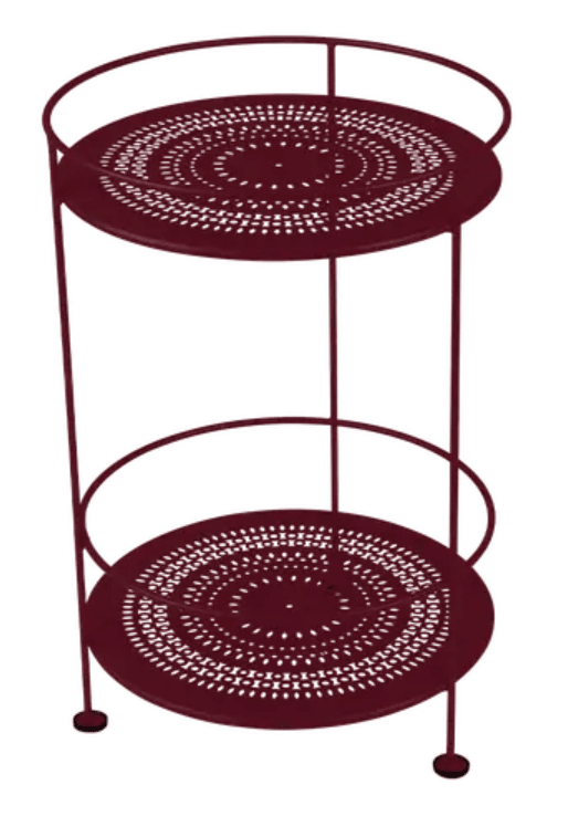 Black Fermob Guinguette side table with perforated double top, modern metal design for outdoor or indoor use.