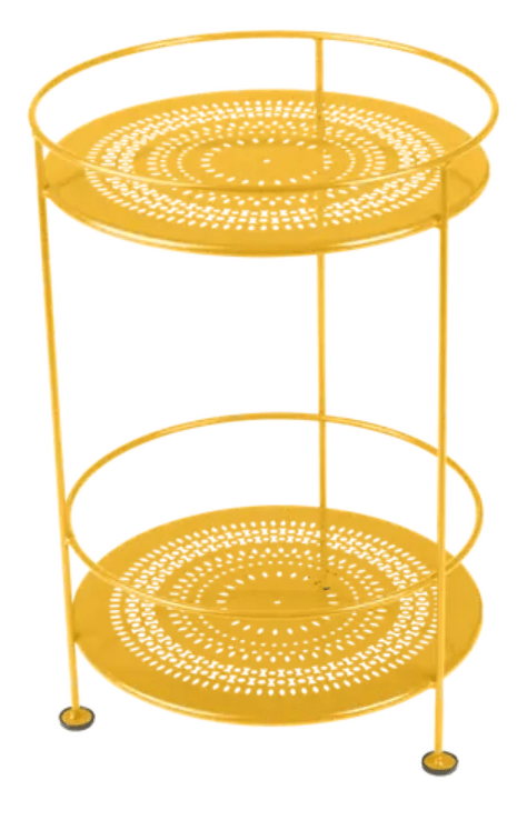 Fermob Guinguette side table with perforated double top in honey-colored metal, outdoor furniture for stylish patio decor