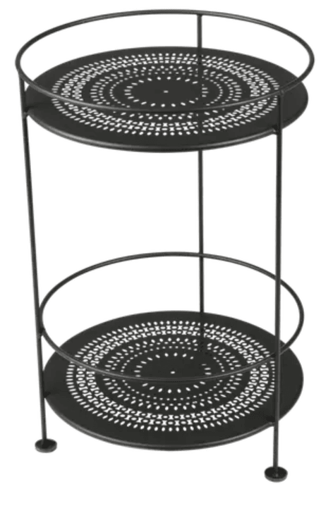 Fermob Guinguette side table with perforated double top in liquorice color, metal design for outdoor or indoor use