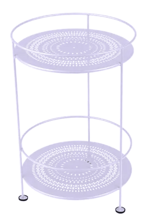 Fermob Guinguette side table with perforated double top, metal design, in a soft marshmallow color, ideal for outdoor or patio use.