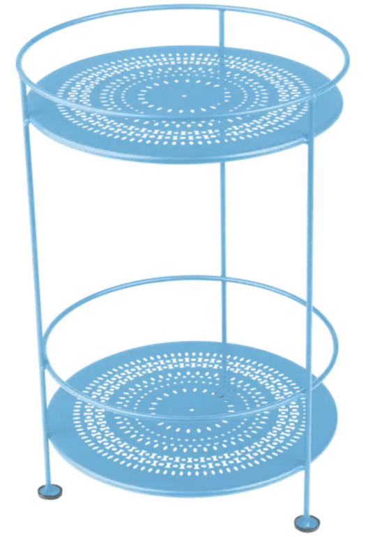 Maya blue Fermob Guinguette side table with perforated double metal top, stylish outdoor furniture for patio or garden.