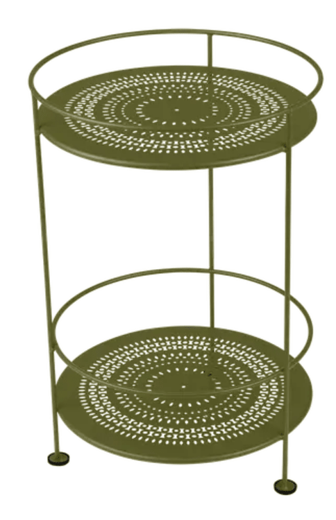 Fermob Guinguette side table with perforated double top in green metal, stylish outdoor furniture for patio or garden.
