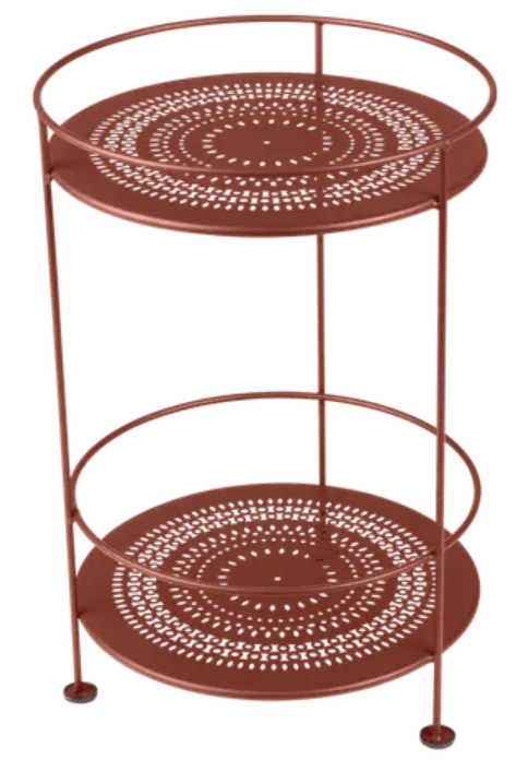 Fermob Guinguette side table with red ochre perforated metal double top, stylish and durable outdoor furniture.