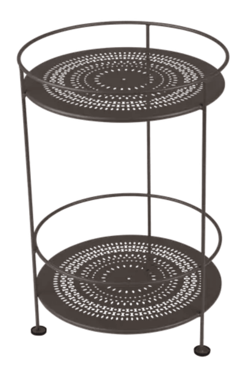 Fermob Guinguette side table with perforated double metal top, stylish and modern outdoor furniture accessory.