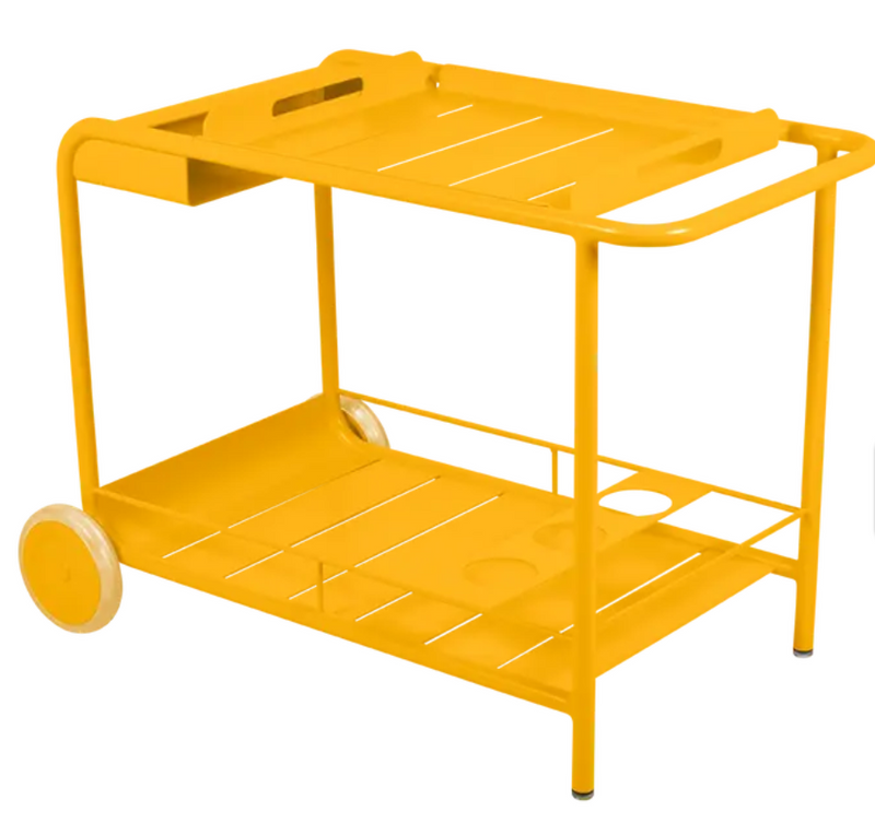 Load image into Gallery viewer, Fermob Luxembourg side bar trolley with wheels, used for restaurant terrace drinks service, featuring a modern design and wooden top.
