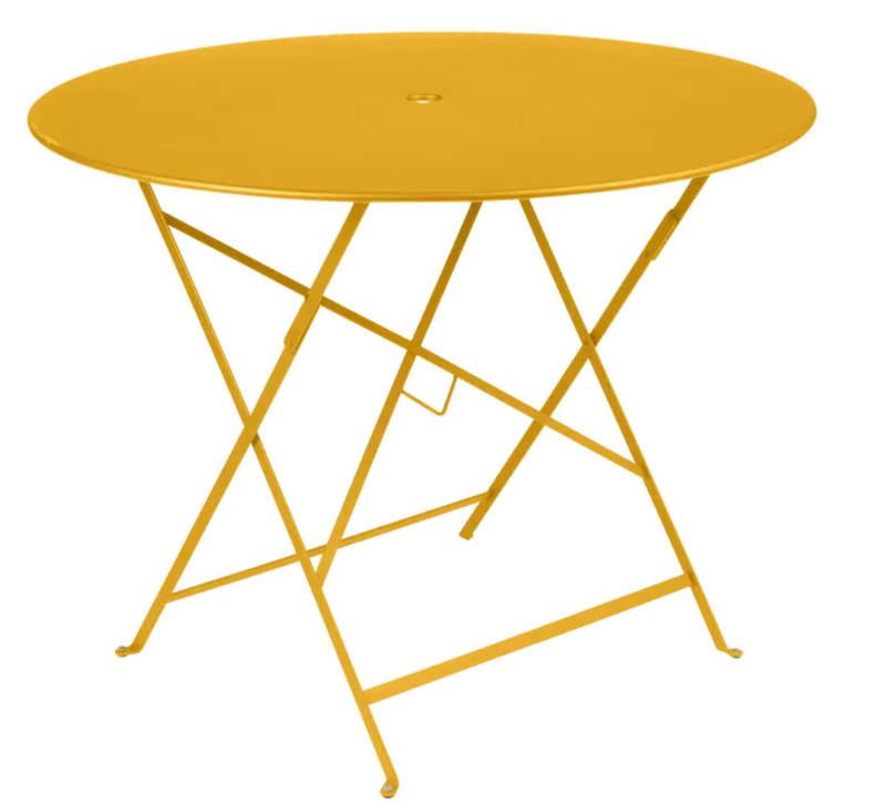 Load image into Gallery viewer, Deep orange Fermob Bistro Round Table with metal top and parasol hole, perfect for outdoor restaurant or patio use.
