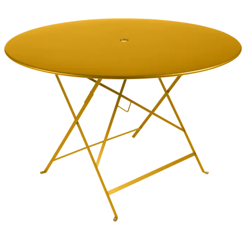 Load image into Gallery viewer, Large round outdoor dining table by Fermob, honey orange metal bistro table with a 117cm diameter for six seater dining.
