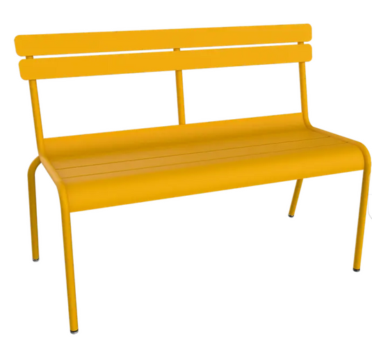 Fermob Luxembourg 2/3-seater outdoor bench with backrest, honey-colored wooden slats, suitable for patio or hallway seating.