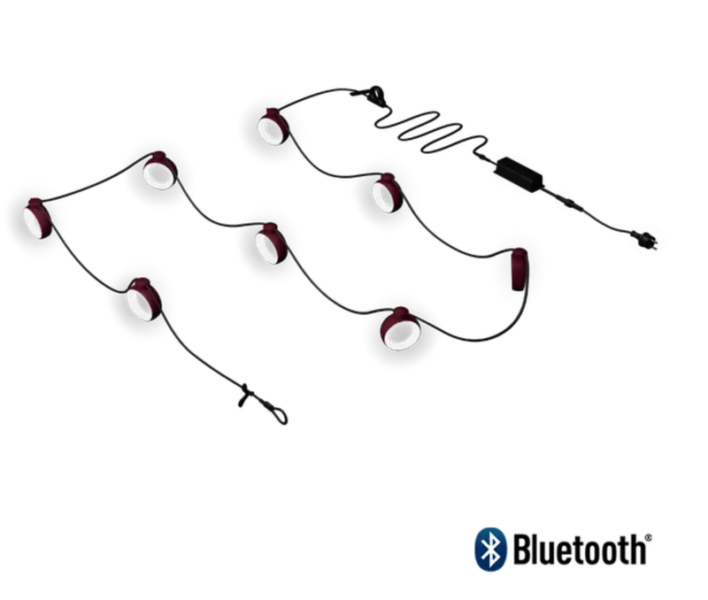 Load image into Gallery viewer, HOOPIK String Lights L1200 cm Outdoor Lighting - Custom Wood DesignsFermob HOOPIK black cherry string lights, 1200 cm outdoor lighting for restaurant or hotel ambiance in a nighttime setting.Fermob Lamp24575196360439Black CherryE &amp; F France Germany
