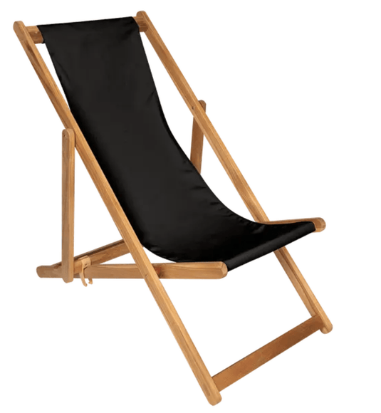 Fermob Ibiza teak deck chair in black, outdoor lounge chair with a slatted teak seat and frame, perfect for patio relaxation.