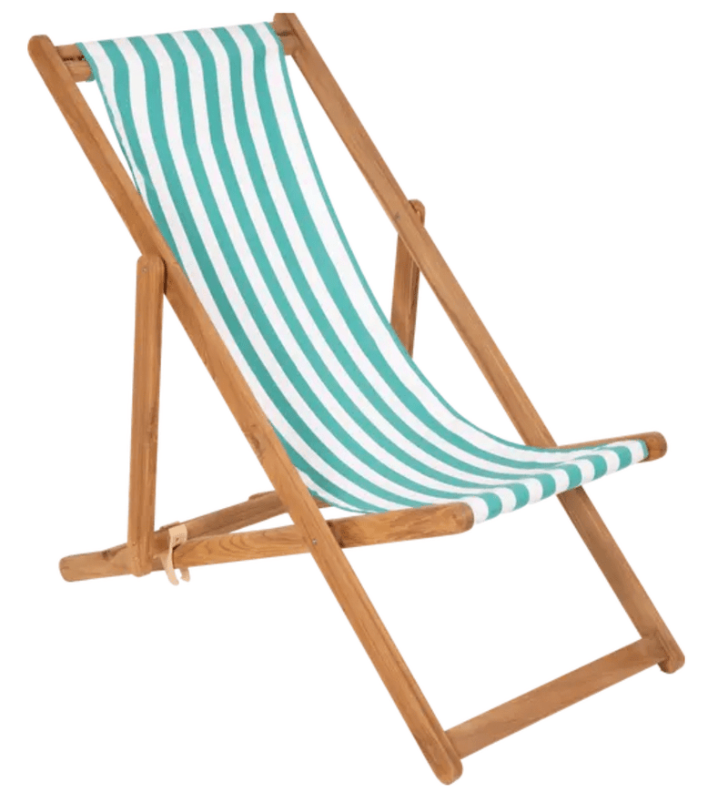 Load image into Gallery viewer, Ecru and aquamarine Fermob Ibiza teak deck chair with a slatted design and comfortable armrests.
