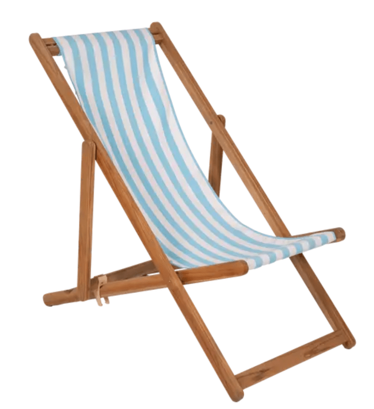 Load image into Gallery viewer, Ecru and celest blue Fermob Ibiza teak deck chair with slatted design and armrests, outdoor furniture for relaxation.
