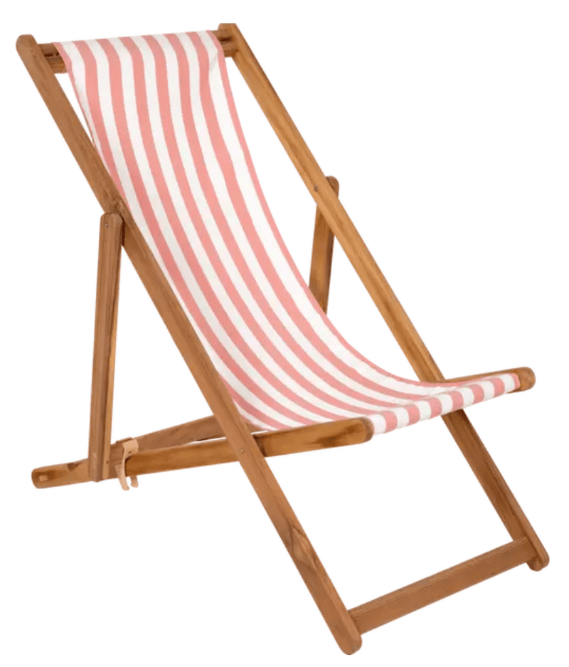 Load image into Gallery viewer, Ecru pink Fermob Ibiza teak deck chair with a woven seat and wooden armrests, perfect for outdoor lounging.
