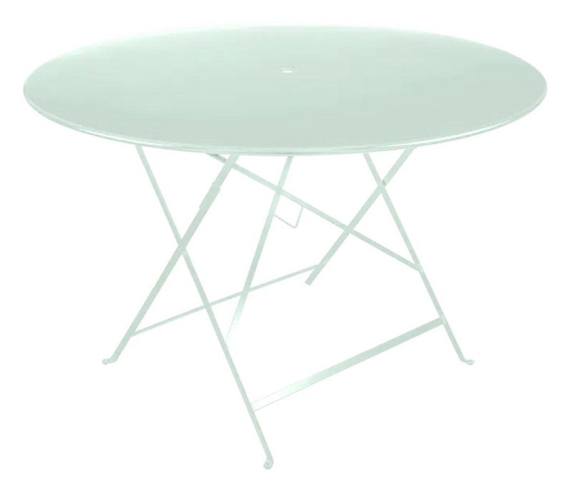 Load image into Gallery viewer, Vibrant ice mint green Fermob round bistro table Ø117cm, outdoor metal six-seater for patio or garden dining.
