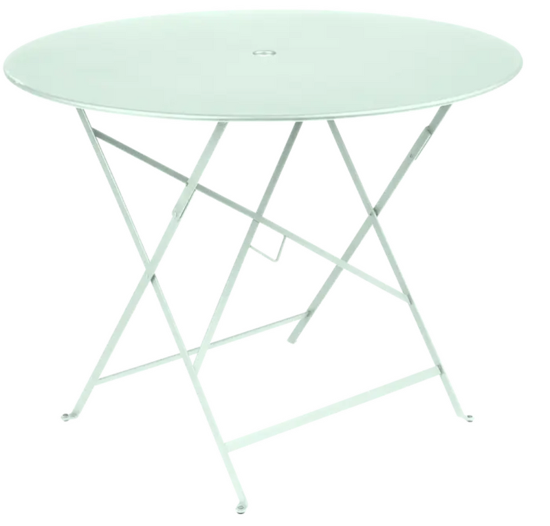 Load image into Gallery viewer, Fermob round bistro table with ice mint green metal finish, 96cm diameter, outdoor use, with parasol hole
