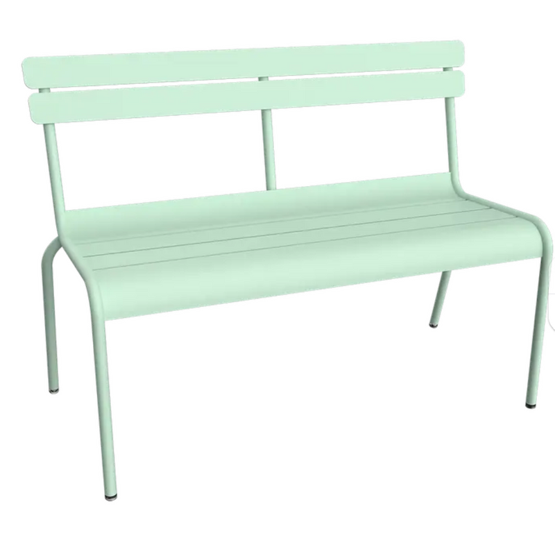 Load image into Gallery viewer, Fermob Luxembourg 2/3-seater outdoor bench with backrest in ice mint, suitable for patio or hallway seating.
