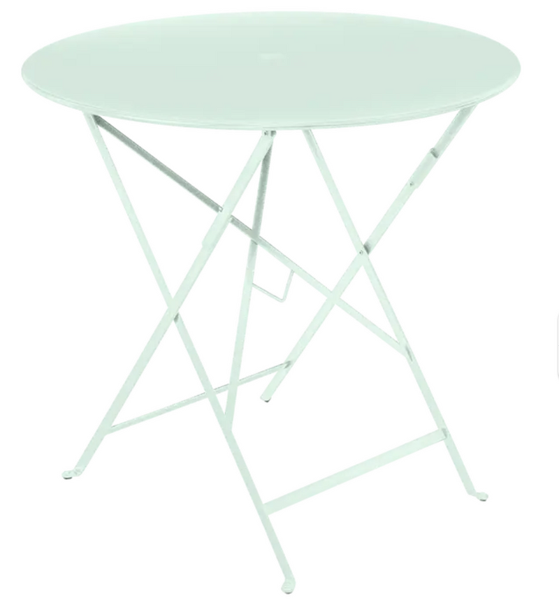 Load image into Gallery viewer, Vibrant ice mint Fermob round folding bistro table with Ø77cm metal top, perfect for outdoor terraces and small spaces.
