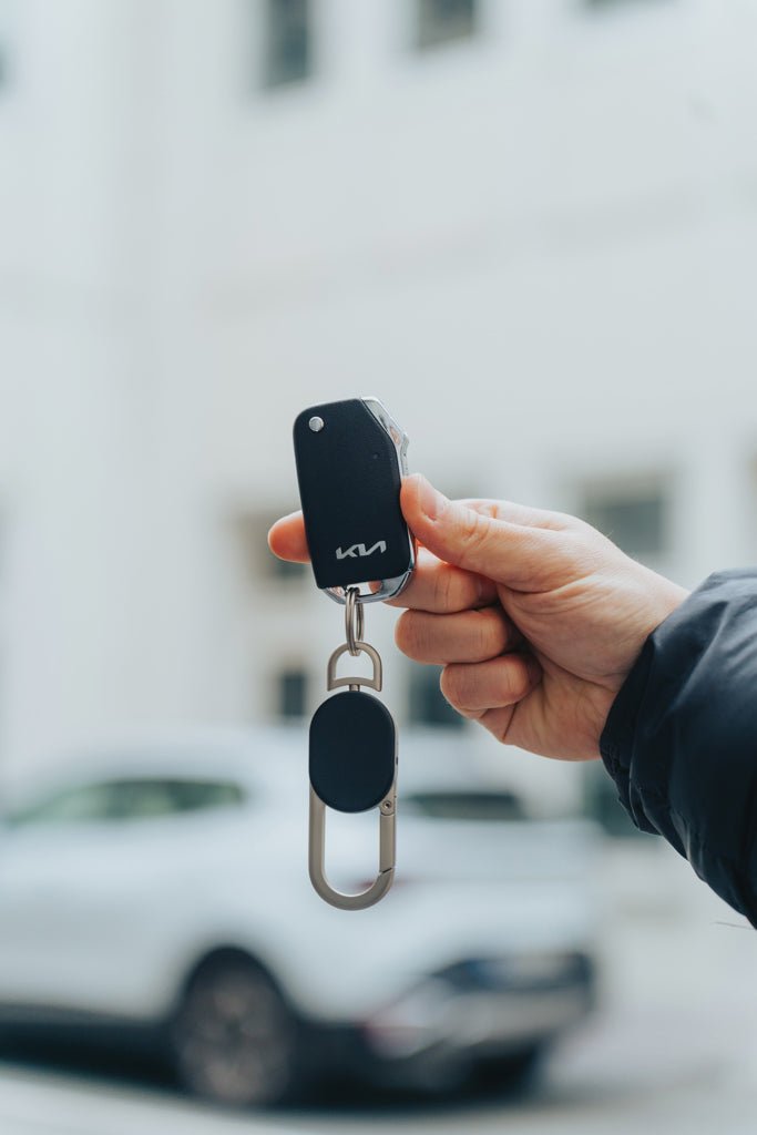 Load image into Gallery viewer, XD Collection dual keyfinder keychain with custom wood design and worldwide locating feature for phones and tablets.
