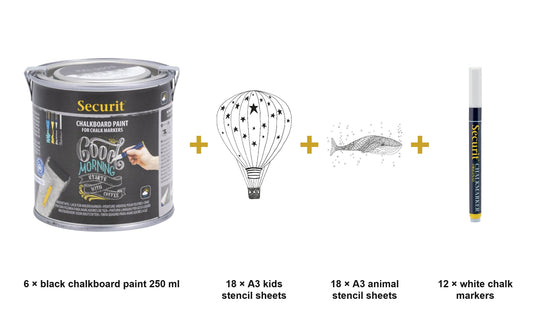 Kids Chalkboard Craft Set - Chalkboard Paint + Kids & Animals Window Stencils + White Chalk Markers - what is in the set