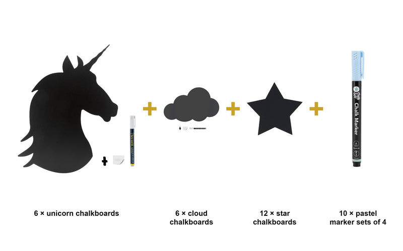Load image into Gallery viewer, Kids Room Chalkboard Set - Unicorn, Cloud &amp; Stars Silhouette Wall Chalkboards + Pastel Chalk Markers - what is in the set
