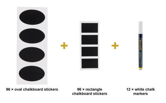 Kitchen Pantry & Jar Label Set - Oval & Rectangle Chalkboard Stickers + White Chalk Markers - what is in the set