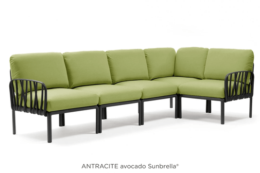 Komodo 5 Modular Outdoor Sofa - Custom Wood DesignsAntracite and avocado-colored Komodo 5 modular outdoor sofa by Custom Wood Designs, shown assembled for patio relaxation.Komodo Nardi Outdoor Sofa24575202704247Antacite Avocado
