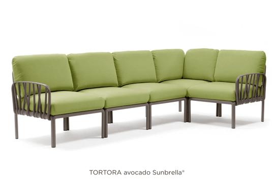 Komodo 5 Modular Outdoor Sofa - Custom Wood DesignsKomodo 5 Modular Outdoor Sofa by Custom Wood Designs, featuring tortora and avocado cushions, outdoor patio furniture, assembled for patio use.Komodo Nardi Outdoor Sofa24575201179959Tortora Avocado