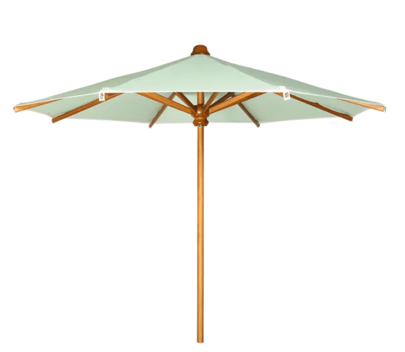 Load image into Gallery viewer, Aqua green KOTO teak parasol by Fermob with a large canopy, ideal for garden or hotel terrace outdoor shading.
