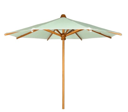 Aqua green KOTO teak parasol by Fermob with a large canopy, ideal for garden or hotel terrace outdoor shading.