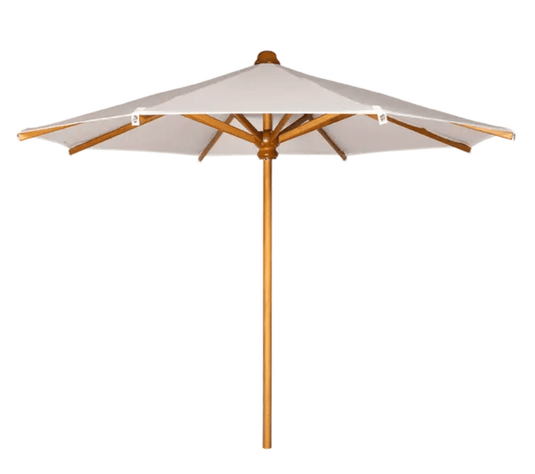 Fermob KOTO teak parasol with 200cm and 250cm diameter options, suitable for terraces and gardens, in natural teak finish.