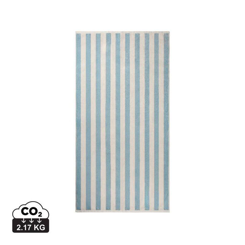 Load image into Gallery viewer, Lagoa GRS beach towel - Custom Wood DesignsVinga Lagoa GRS outdoor beach towel with colorful striped pattern lying on the sandOutdoorV4502315Recycled cottonlight blue
