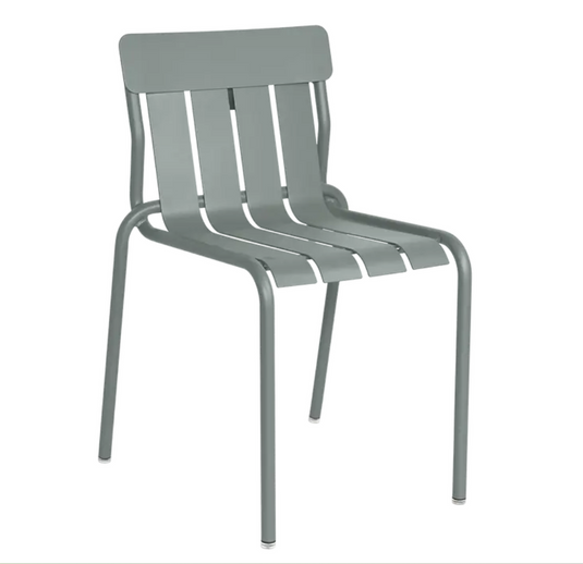 Gray Fermob Stripe Stackable Metal Outdoor Dining Chair with slatted design, suitable for patio or garden seating.